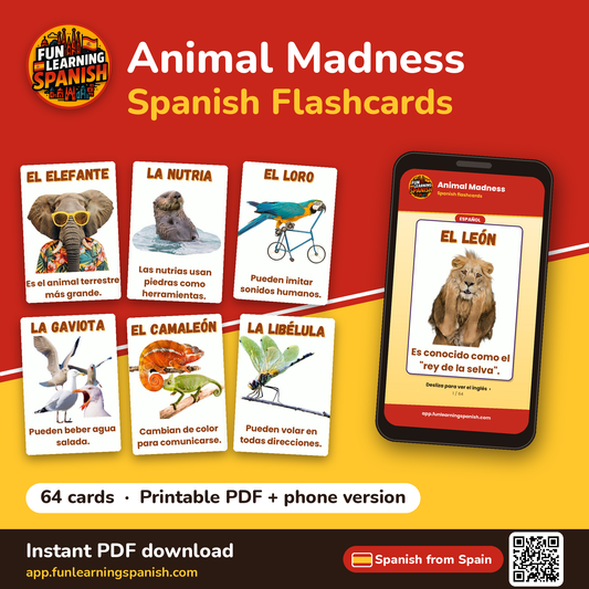 Animal Madness Spanish flashcards from Spain – printable PDF and phone version