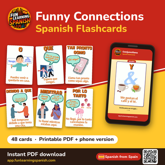 Funny Connections Spanish flashcards from Spain – printable PDF and phone version