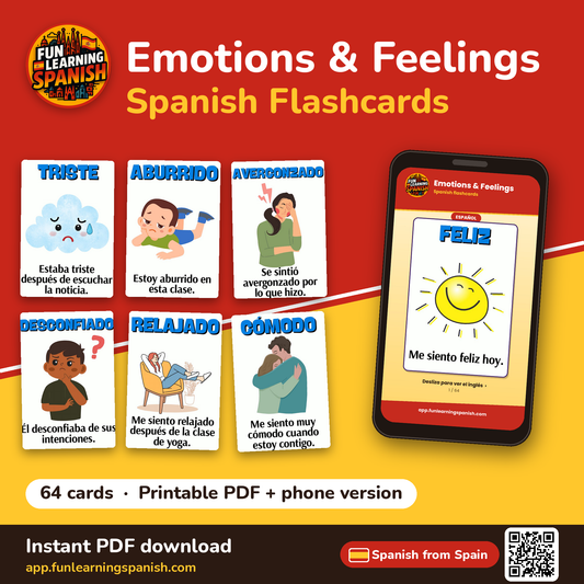 Emotions & Feelings Spanish flashcards from Spain – printable PDF and phone version