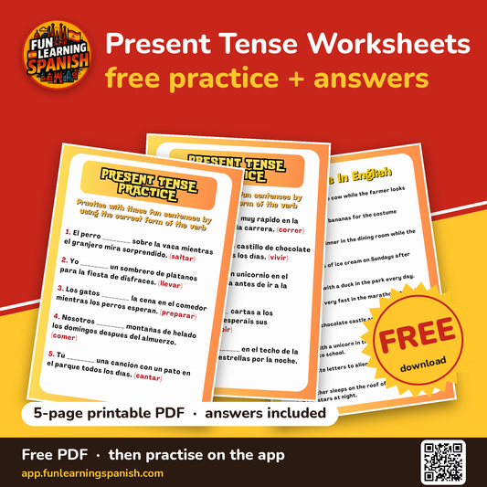 Present Tense Worksheets: free Spanish PDF download – cover