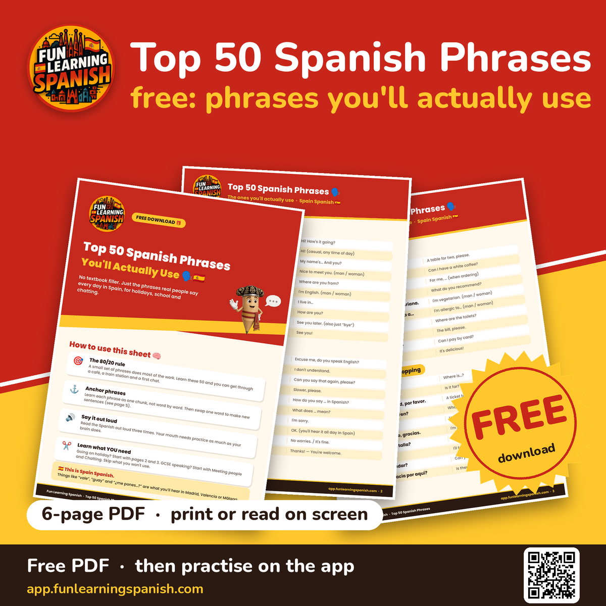 Top 50 Spanish Phrases: free Spanish PDF download – cover