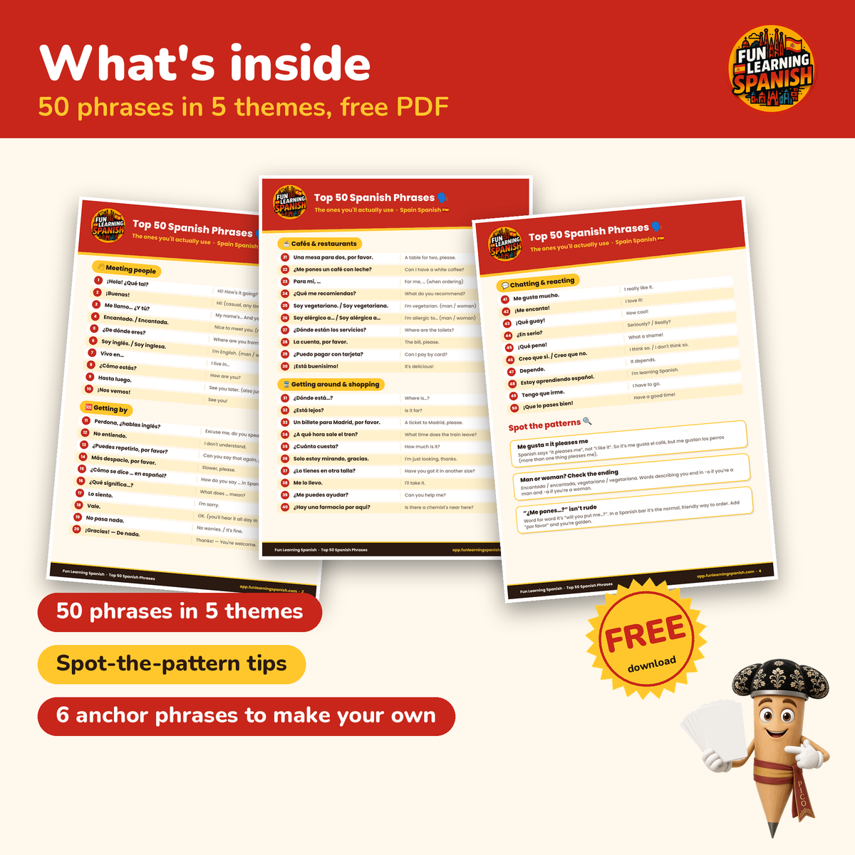 Top 50 Spanish Phrases: free Spanish PDF download – what's inside