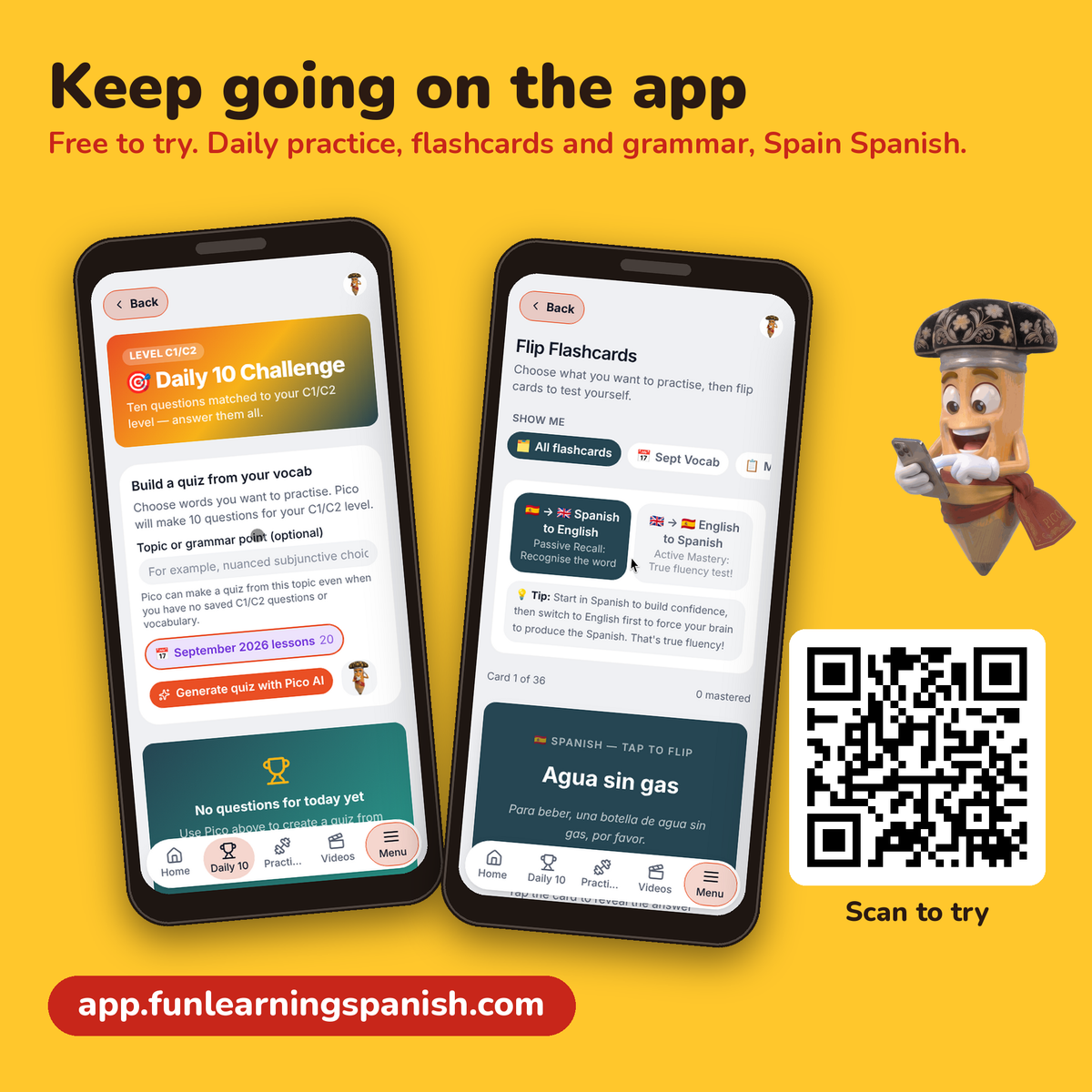 Top 50 Spanish Phrases: free Spanish PDF download – keep practising on the Fun Learning Spanish app