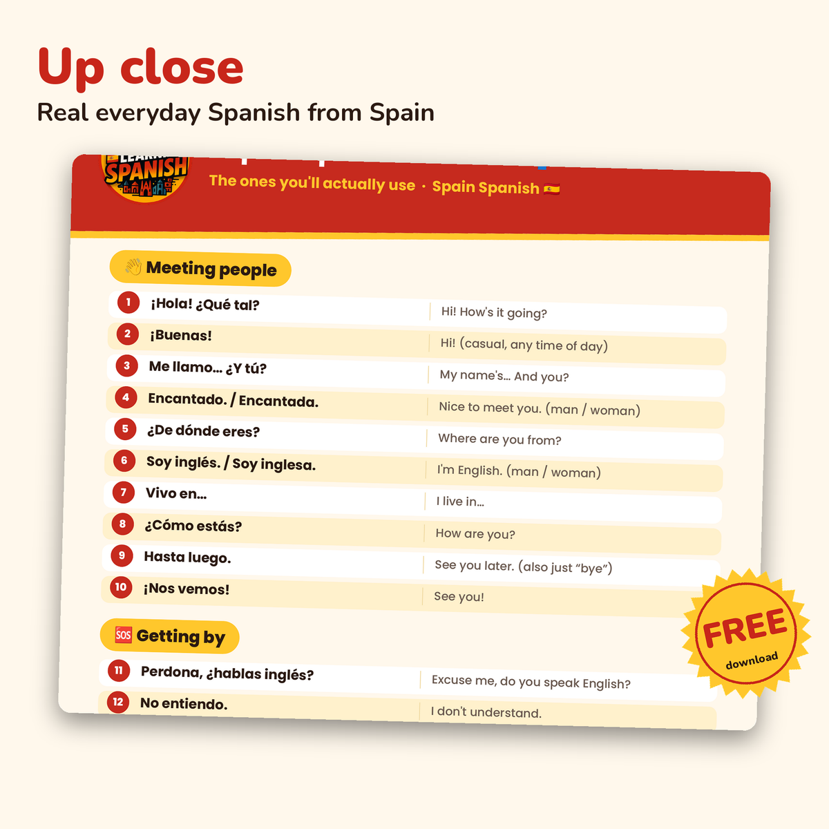 Top 50 Spanish Phrases: free Spanish PDF download – close-up