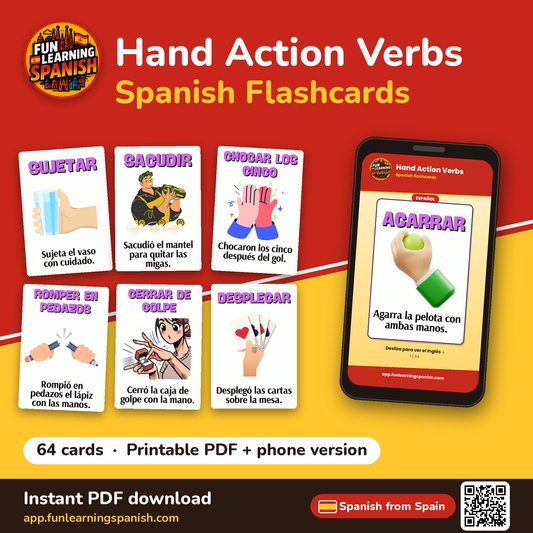 Hand Action Verbs Spanish flashcards from Spain – printable PDF and phone version