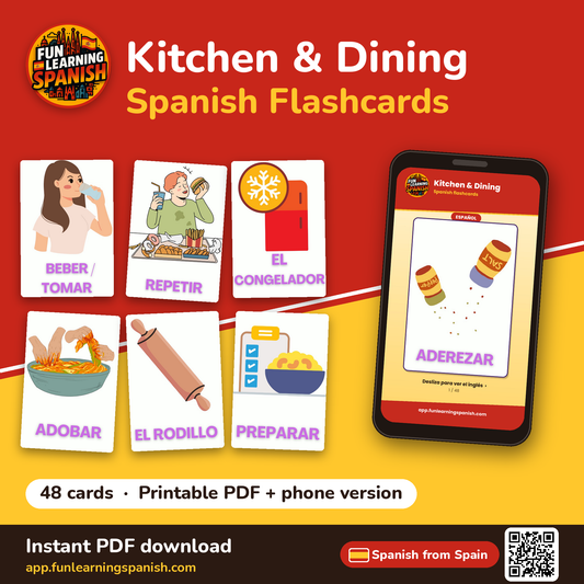 Kitchen & Dining Spanish flashcards from Spain – printable PDF and phone version