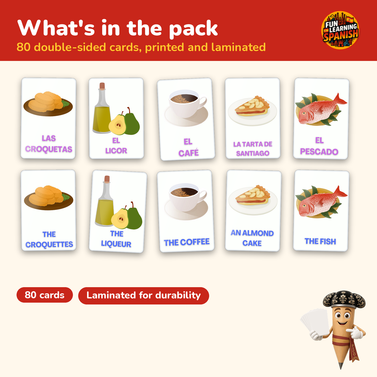 Food & Drink: laminated Spanish flashcards – what's inside