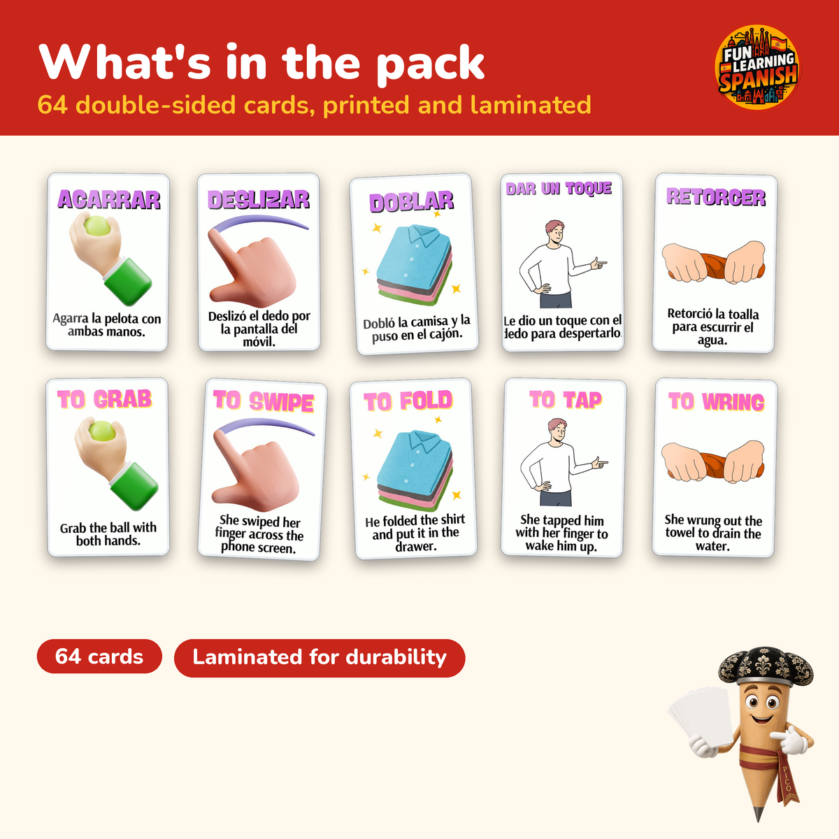 Hand Action Verbs: laminated Spanish flashcards – what's inside
