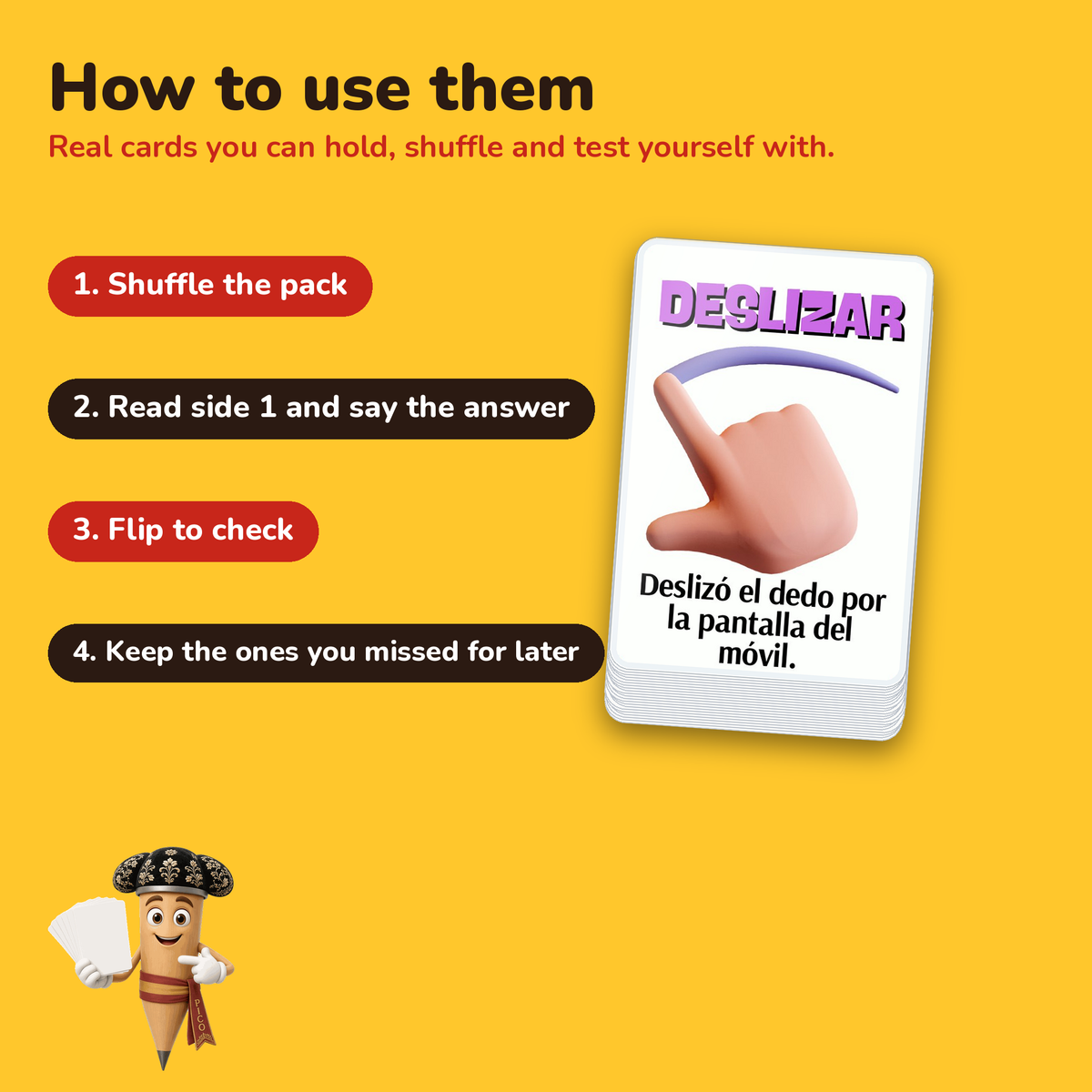 Hand Action Verbs: laminated Spanish flashcards – how to use the cards