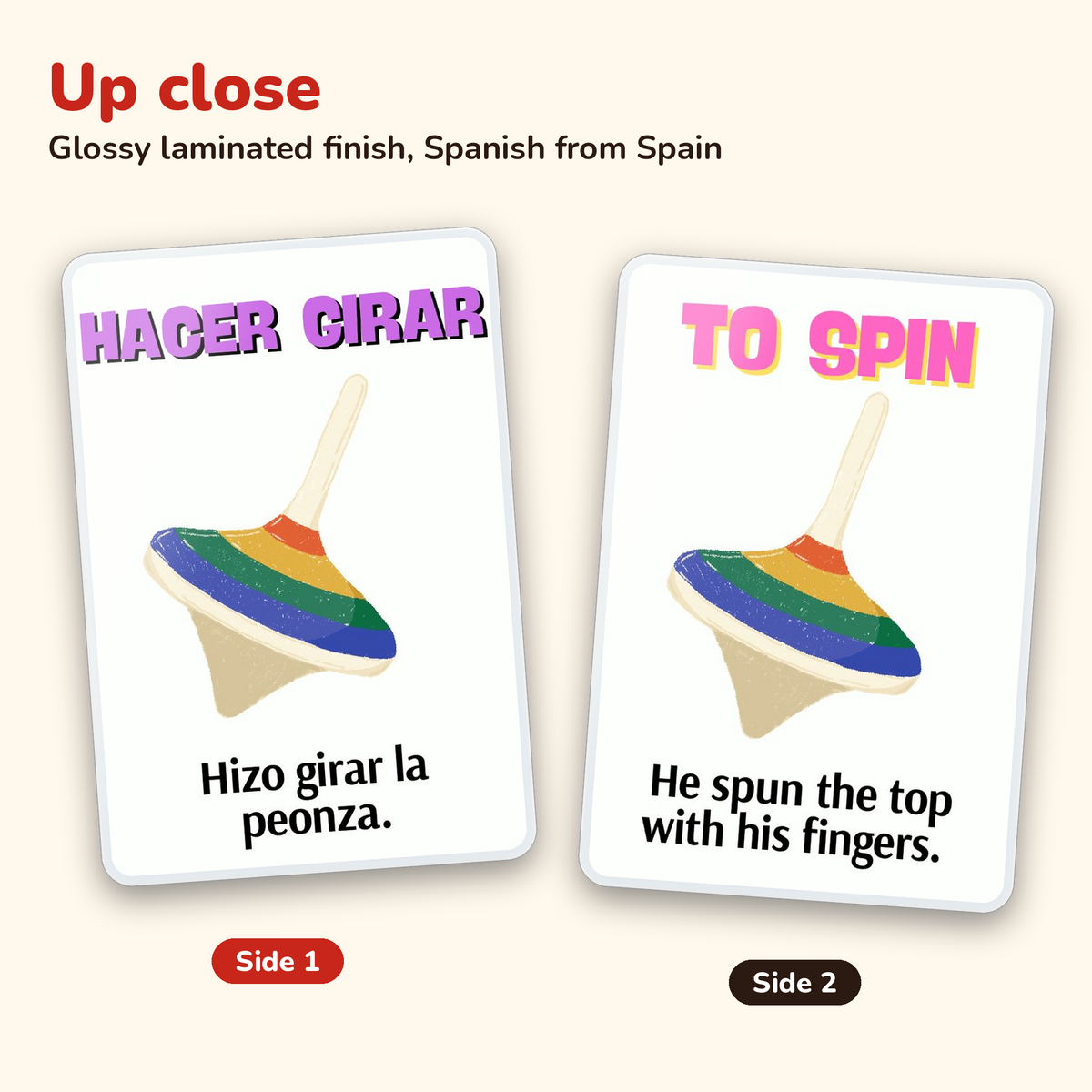 Hand Action Verbs: laminated Spanish flashcards – card close-up