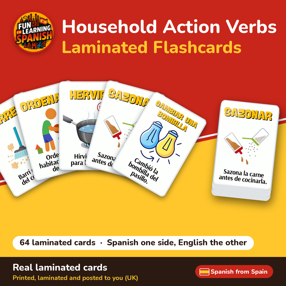 Household Action Verbs: laminated Spanish flashcards – cover