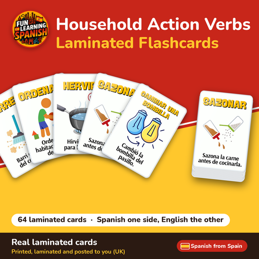 Household Action Verbs: laminated Spanish flashcards – cover