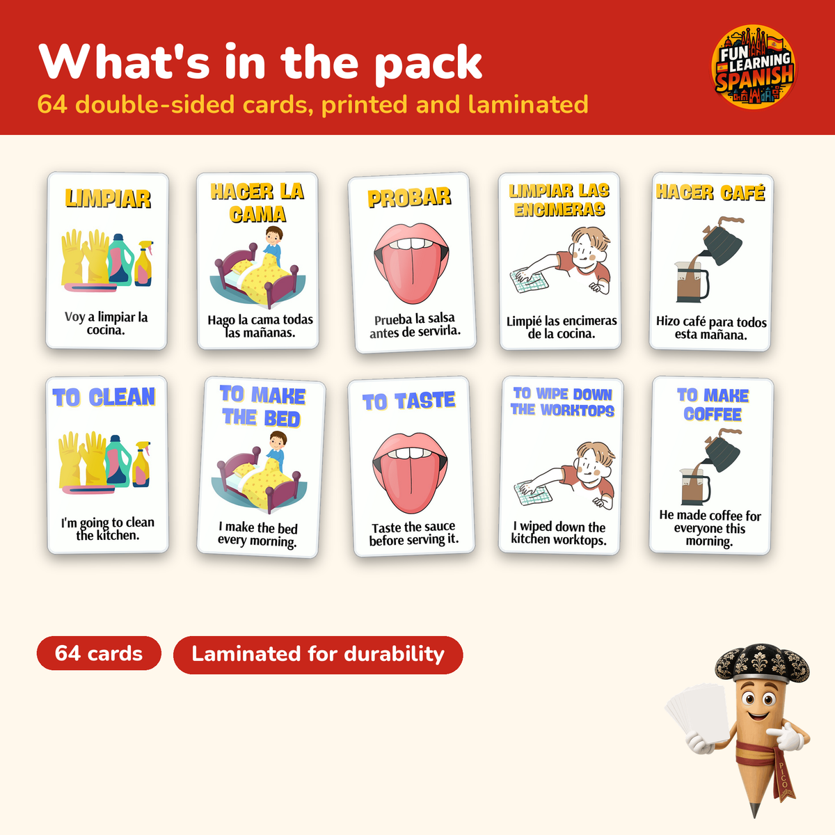 Household Action Verbs: laminated Spanish flashcards – what's inside