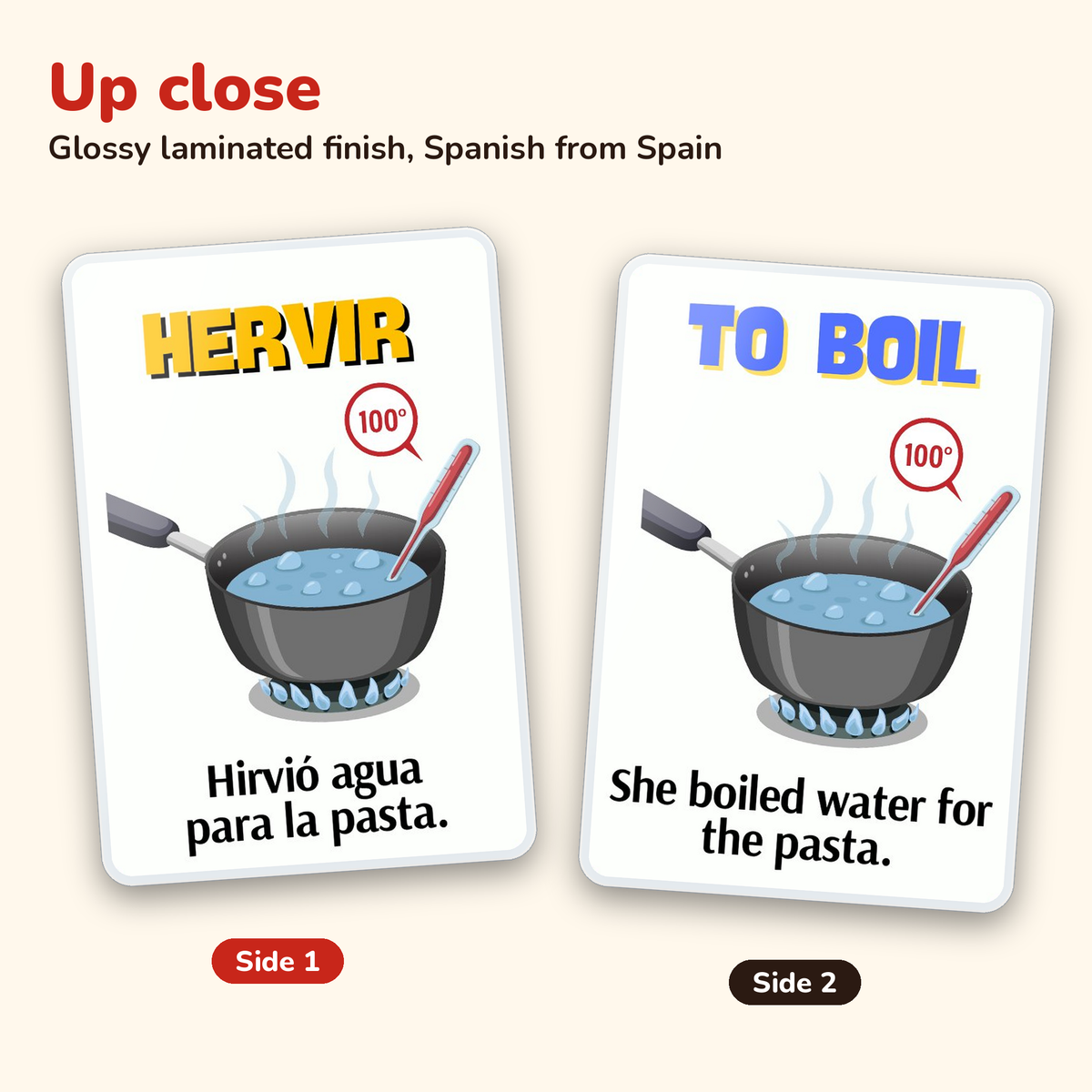 Household Action Verbs: laminated Spanish flashcards – card close-up