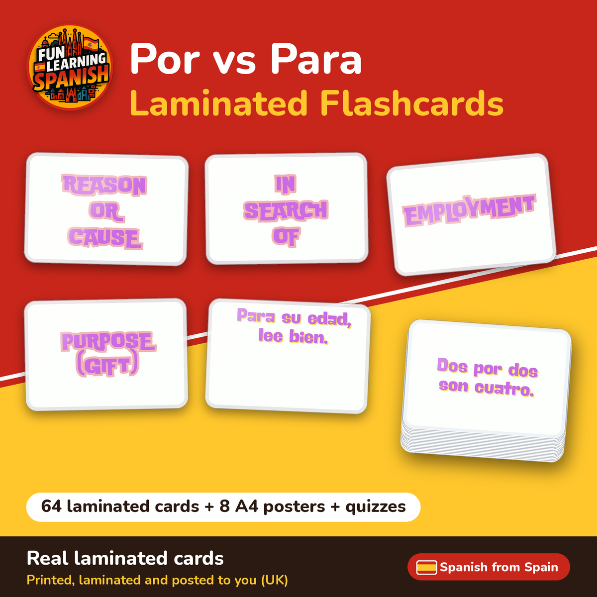 Por vs Para: laminated Spanish flashcards – cover