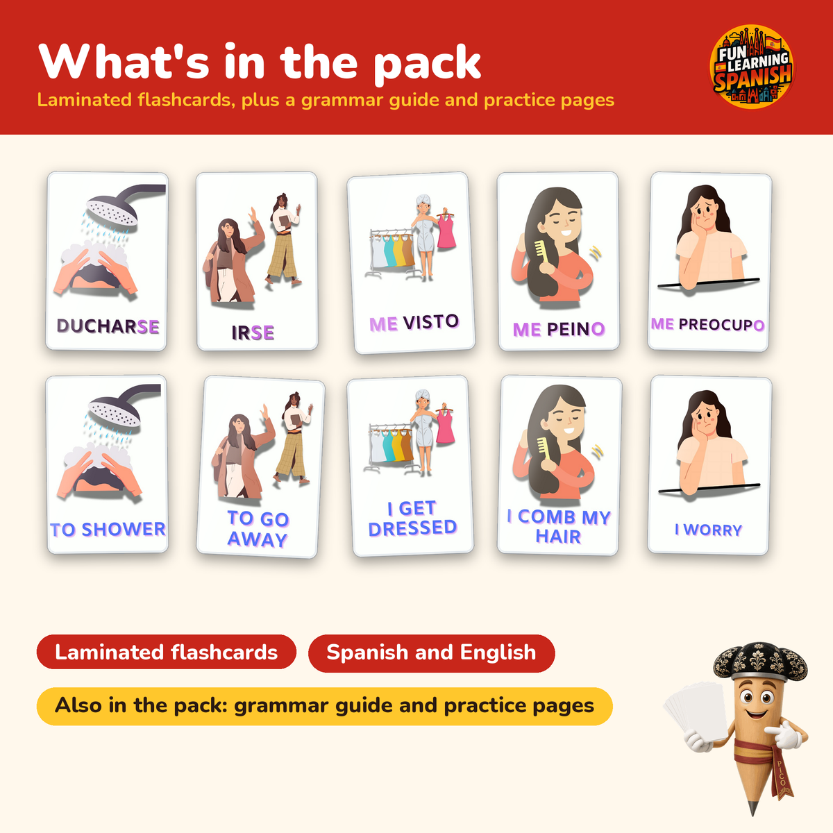 Reflexive Verbs: laminated Spanish flashcards – what's inside