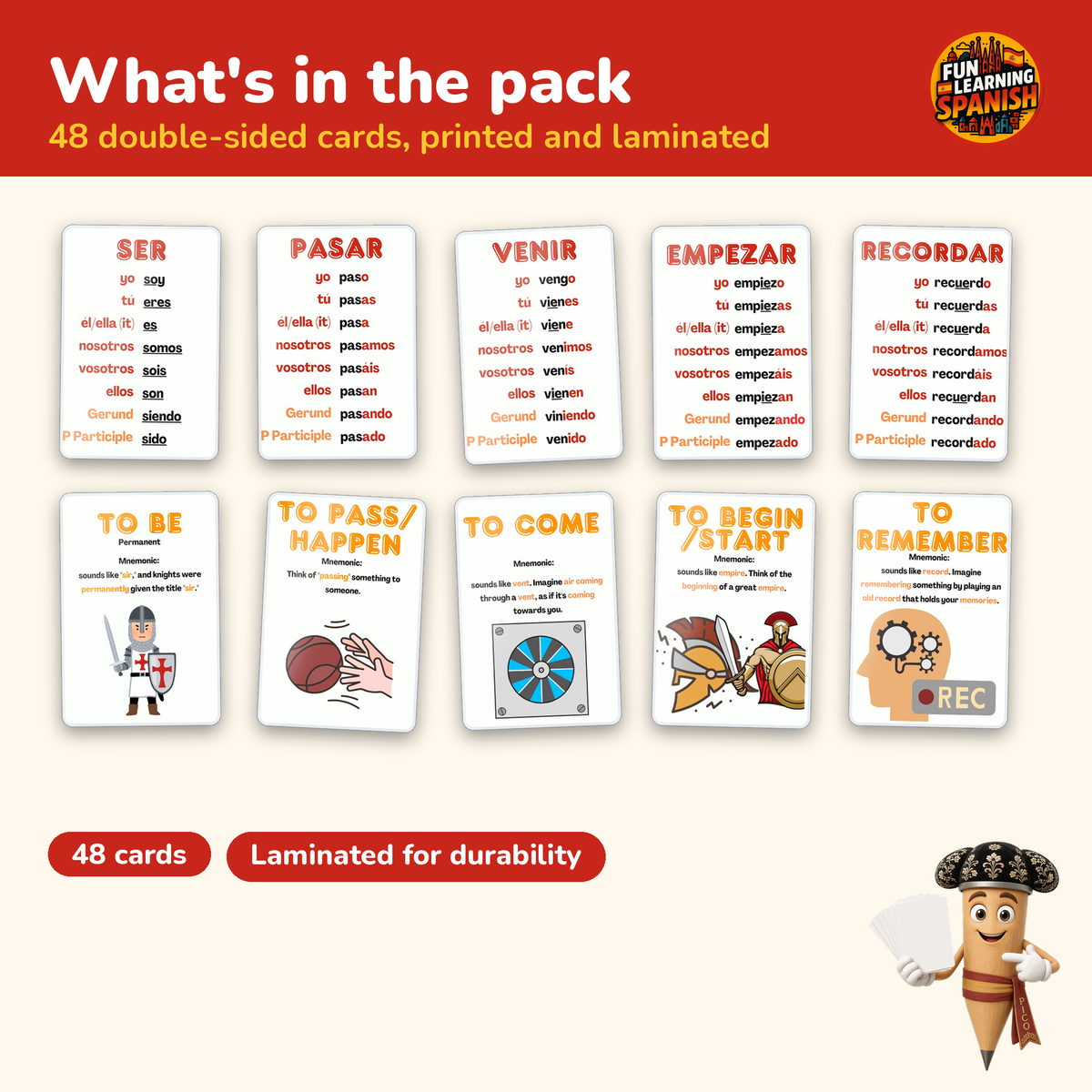 Top 48 Verbs: laminated Spanish flashcards – what's inside