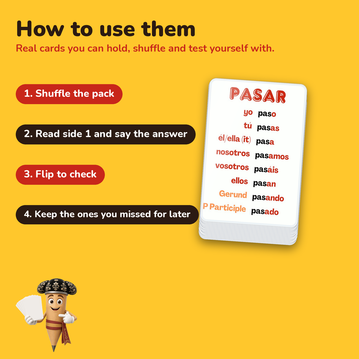 Top 48 Verbs: laminated Spanish flashcards – how to use the cards