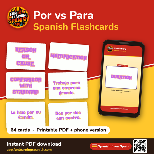 Por vs Para Spanish flashcards from Spain – printable PDF and phone version
