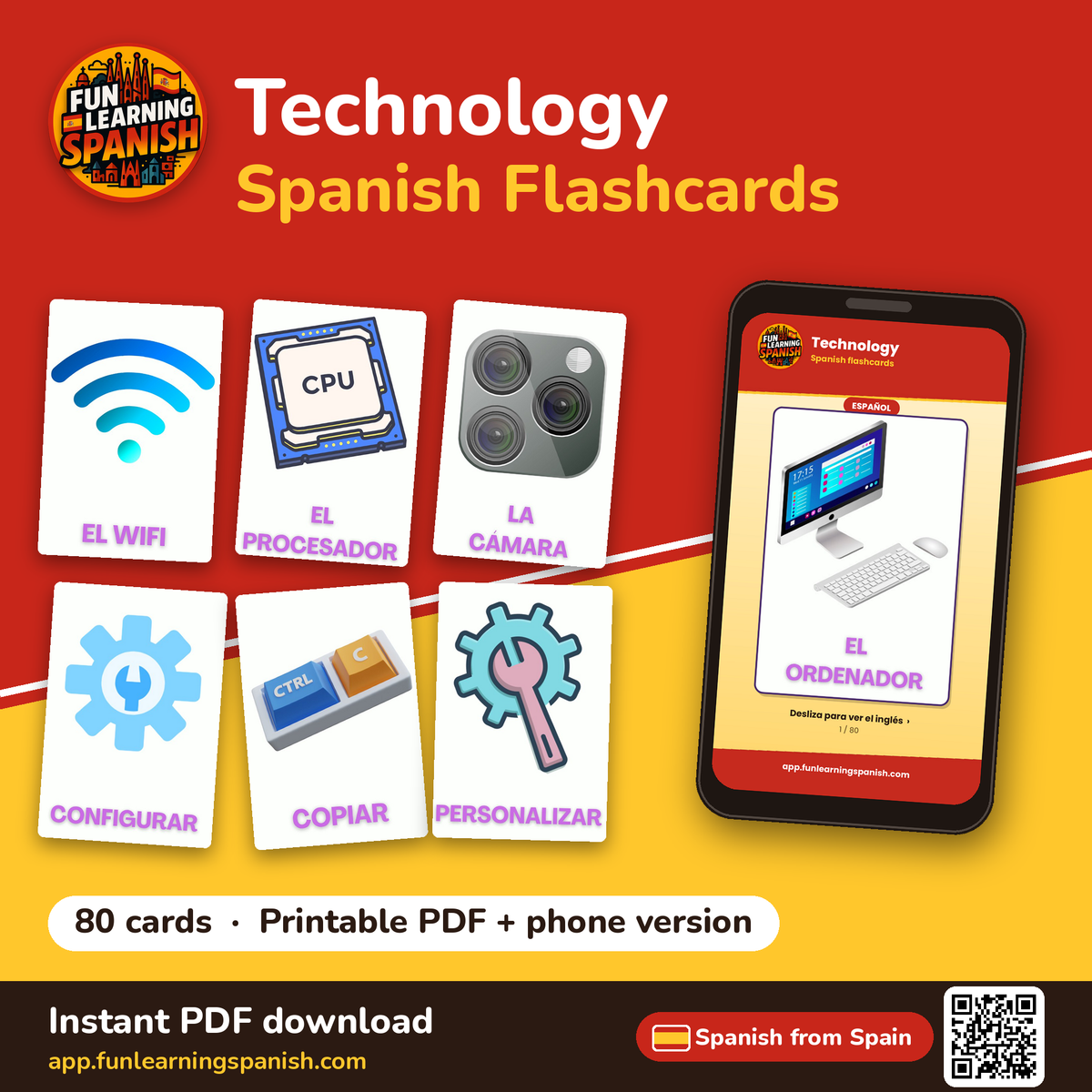 Technology Spanish flashcards from Spain – printable PDF and phone version