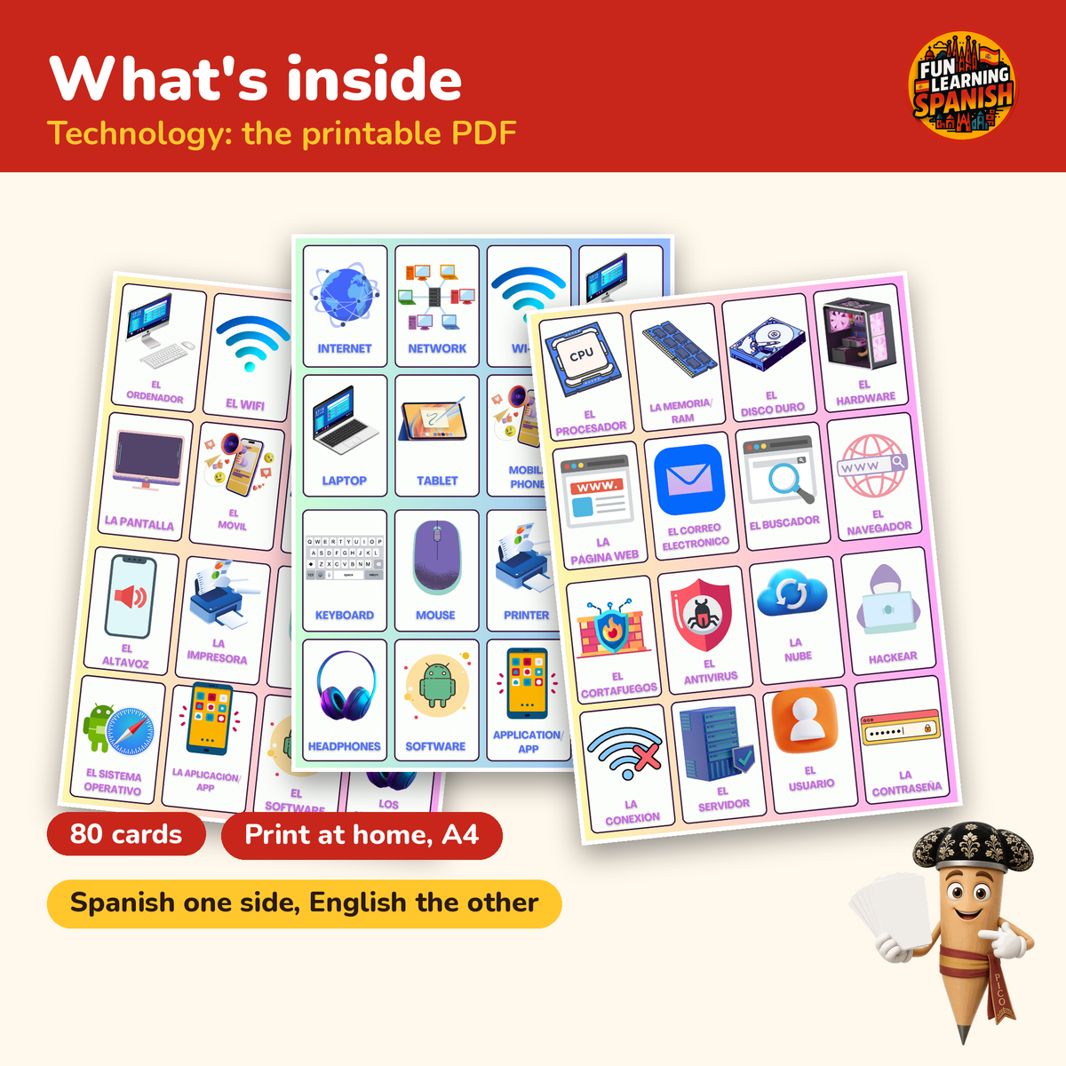 Technology Spanish flashcards – what's inside the printable PDF