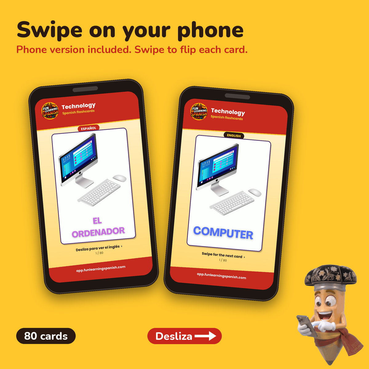 Technology Spanish flashcards – phone swipe version