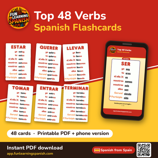 Top 48 Verbs Spanish flashcards from Spain – printable PDF and phone version