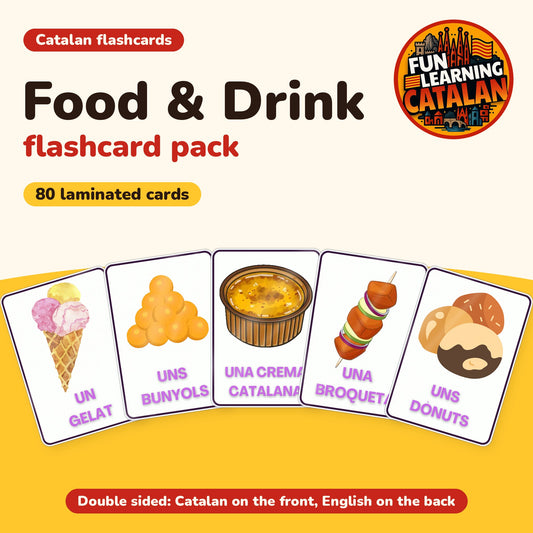 Food & Drink Catalan flashcard pack, 80 laminated double-sided cards, cover