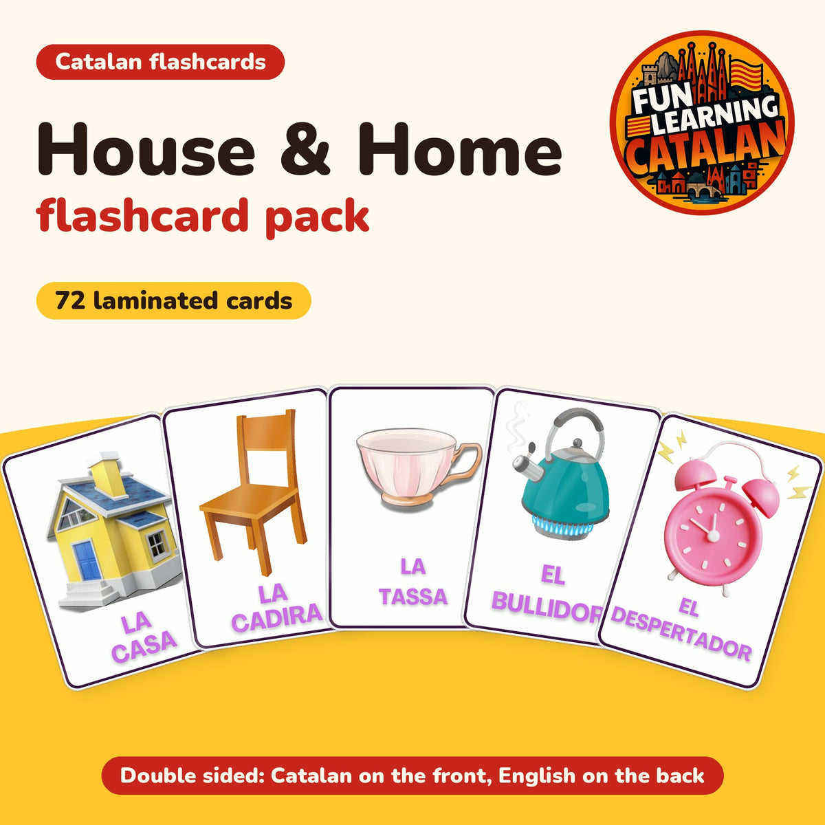 House & Home Catalan flashcard pack, 72 laminated double-sided cards, cover