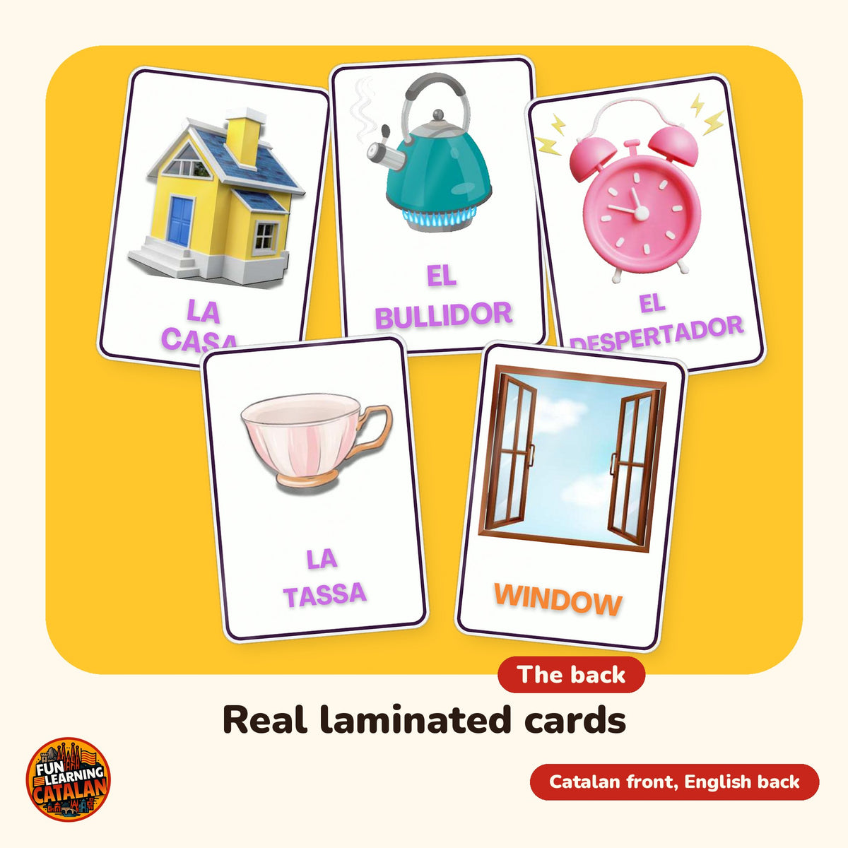 House & Home Catalan flashcard pack, 72 laminated double-sided cards, close-up of real cards