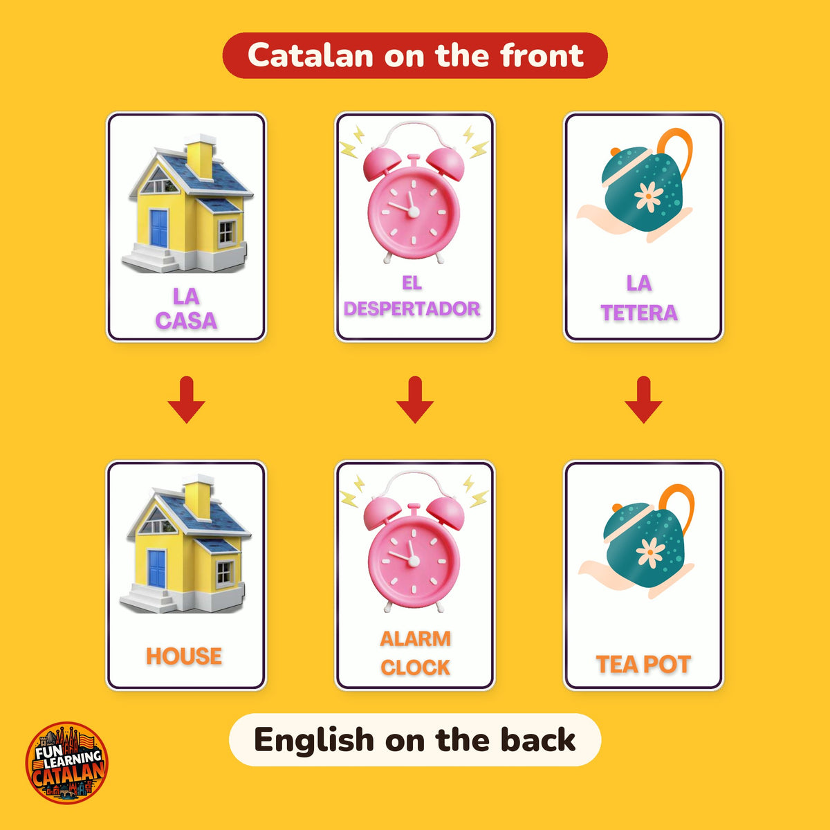 House & Home Catalan flashcard pack, 72 laminated double-sided cards, Catalan front and English back of the cards