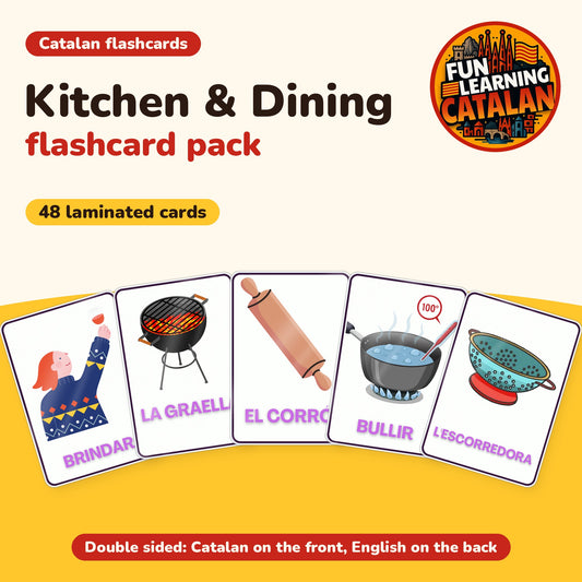 Kitchen & Dining Catalan flashcard pack, 48 laminated double-sided cards, cover