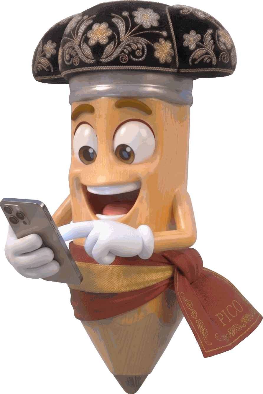 Pico the pencil mascot using a phone