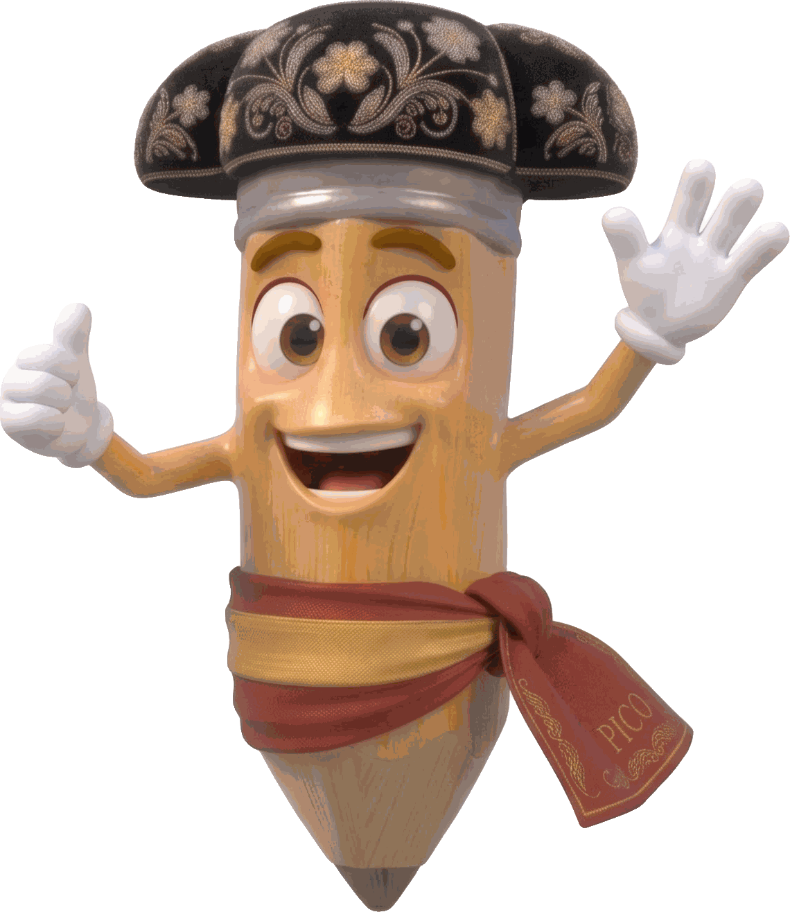 Pico the pencil mascot in a matador hat waving and giving a thumbs up
