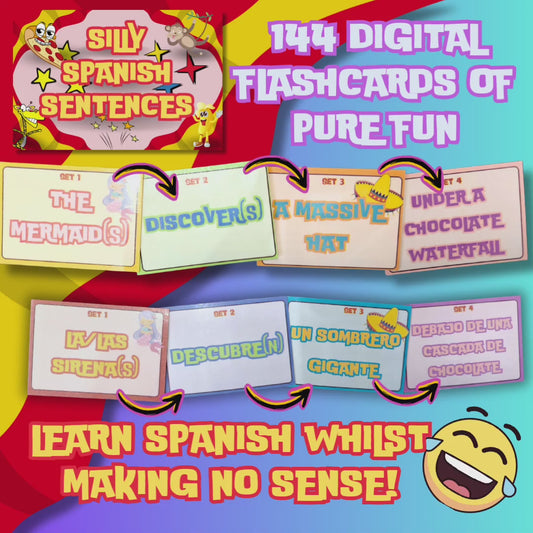 Silly Sentences in Spanish Game: Learn Spanish The Stupid Way, 144 Laminated Flashcards - Millions of Combinations for Fun Language Learning