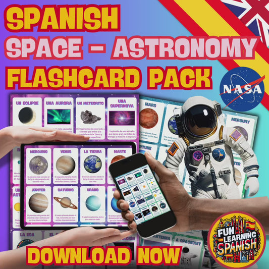 Instant Download Space & Astronomy Vocabulary + Terms Flashcards Pack  – 64 Spanish to English PDF Printable Revision Cards