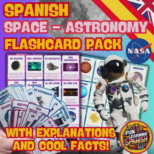 Space & Astronomy Vocabulary + Facts Flashcards Pack –  64 Spanish to English Laminated & Double Sided Learning Revision Cards