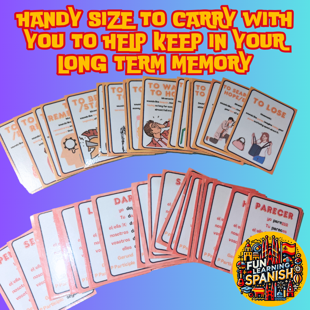 Top 48 Most Used Spanish Verbs, Memory Tricks & Conjugations: Double-Sided Laminated Flashcard Pack 📚✨