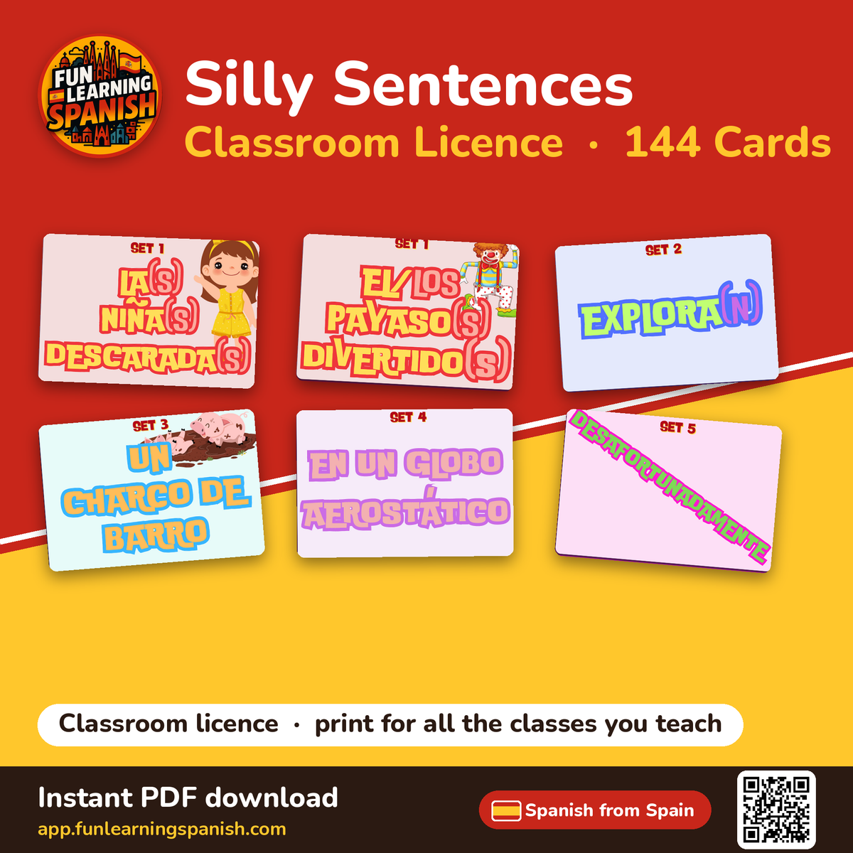 Silly Sentences classroom licence printable Spanish card game