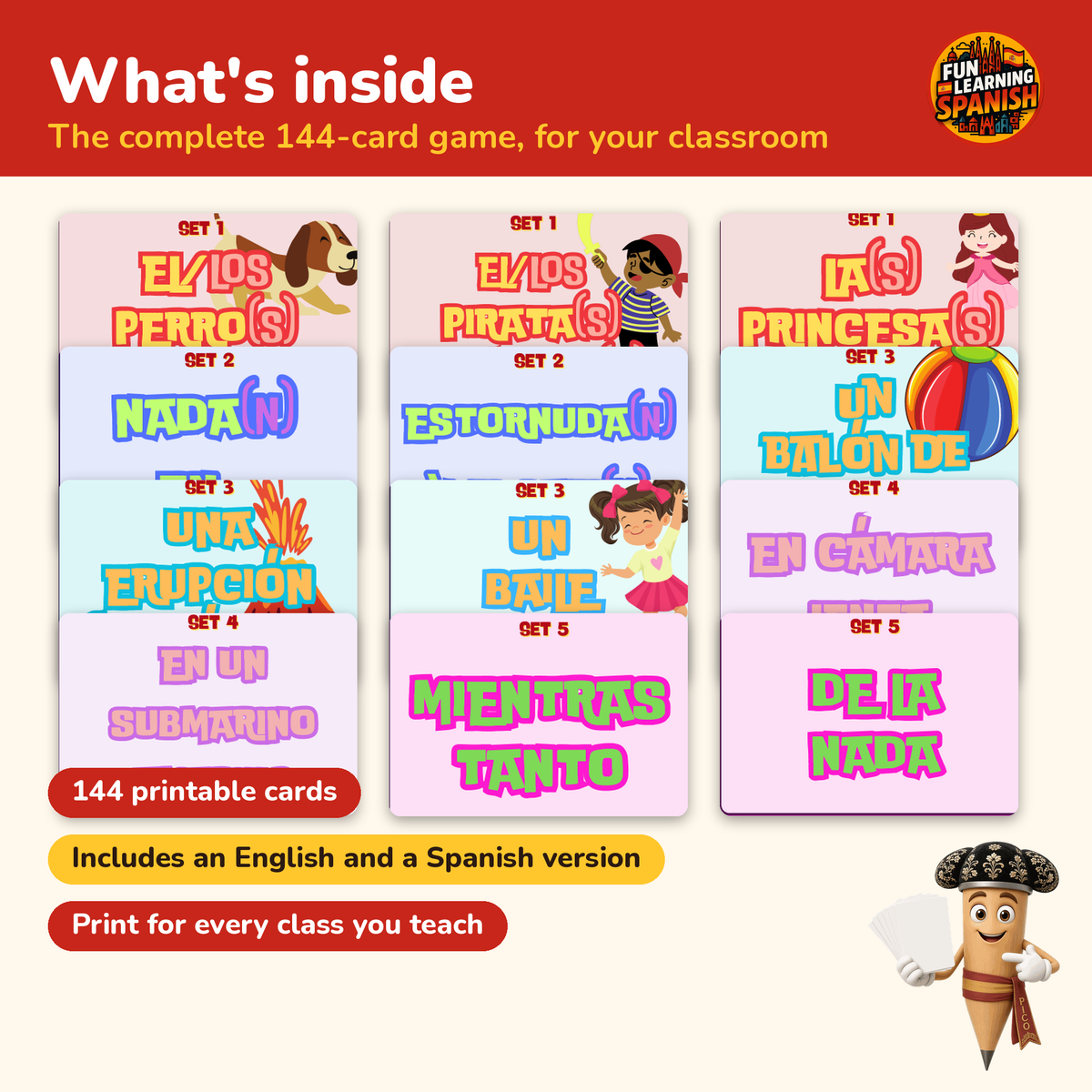 Silly Sentences classroom licence printable Spanish card game