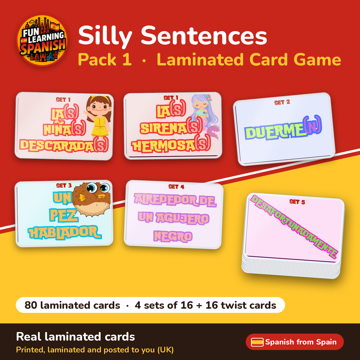 Silly Sentences Pack 1 laminated Spanish card game