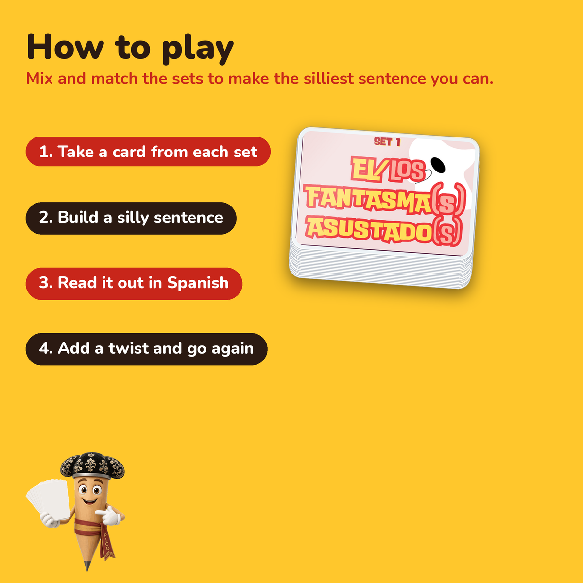 Silly Sentences Pack 1 laminated Spanish card game