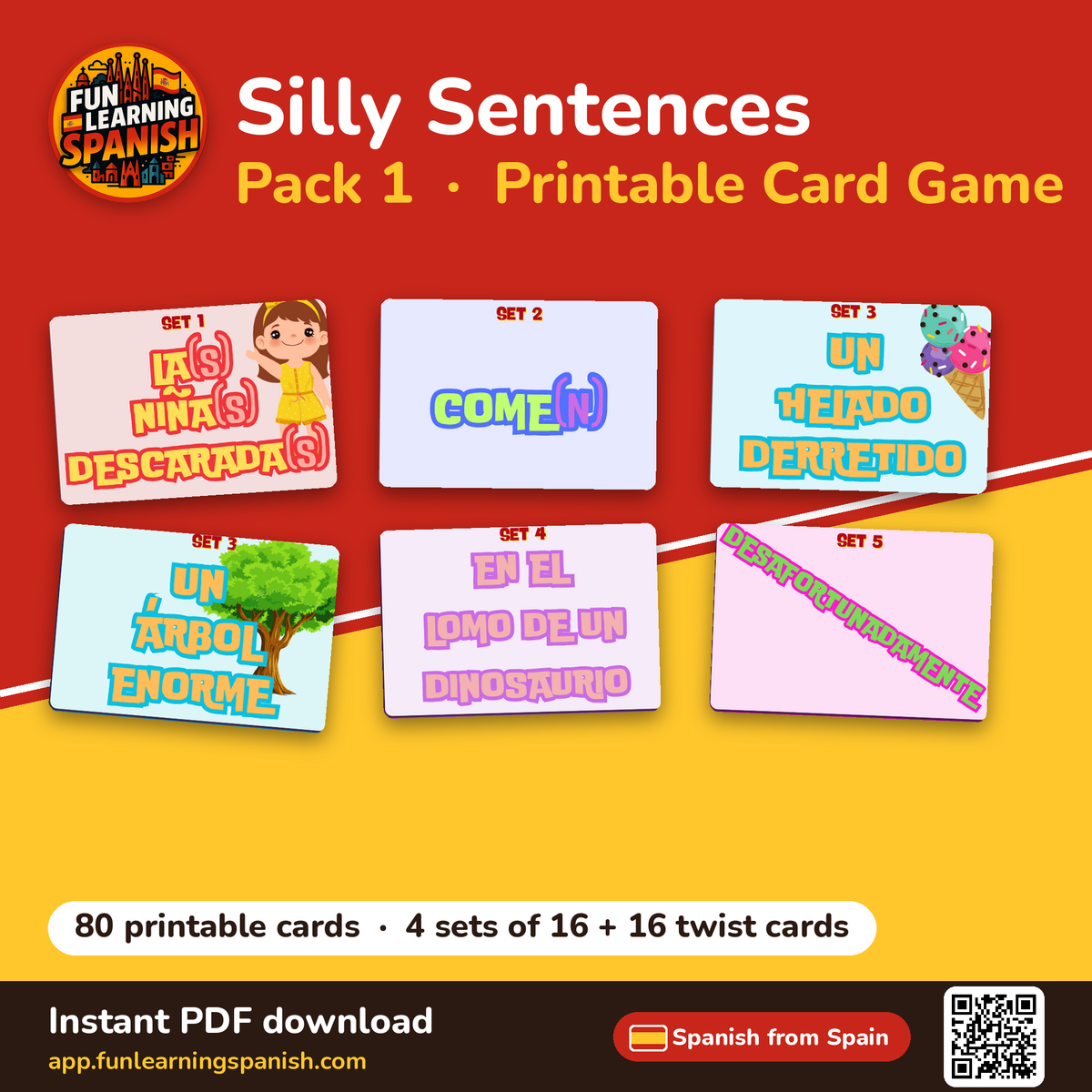 Silly Sentences Pack 1 printable Spanish card game