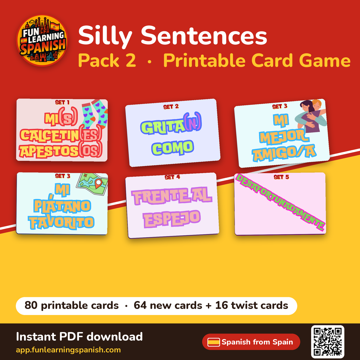 Silly Sentences Pack 2 printable Spanish card game
